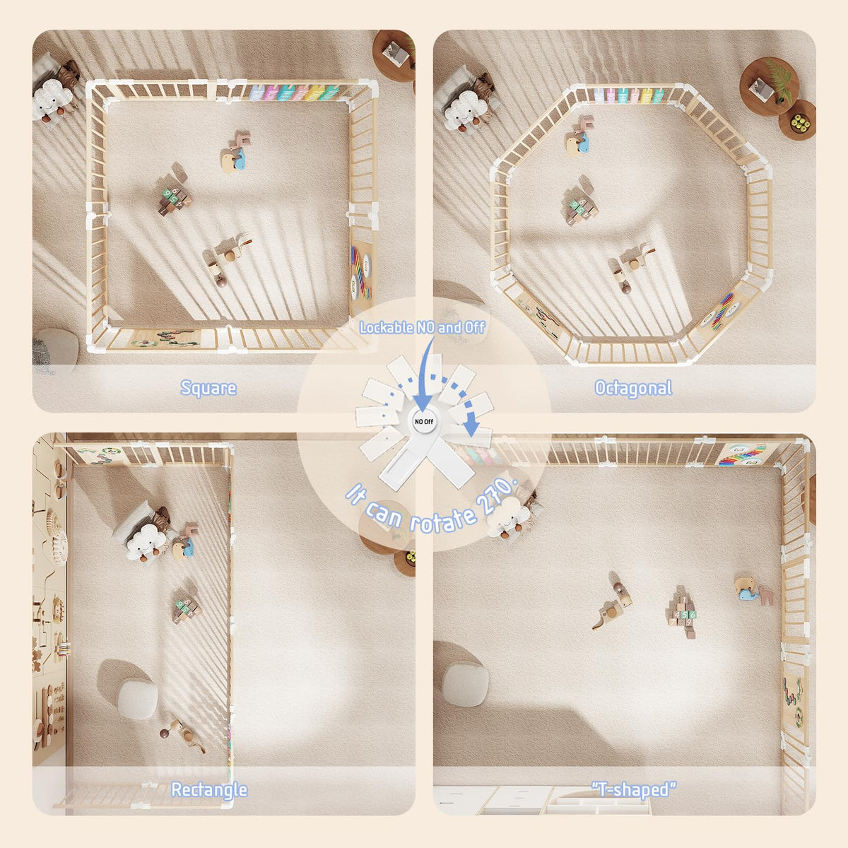 Foldable Wood Baby Playpen with Built-in Toys 57"x57" N19744