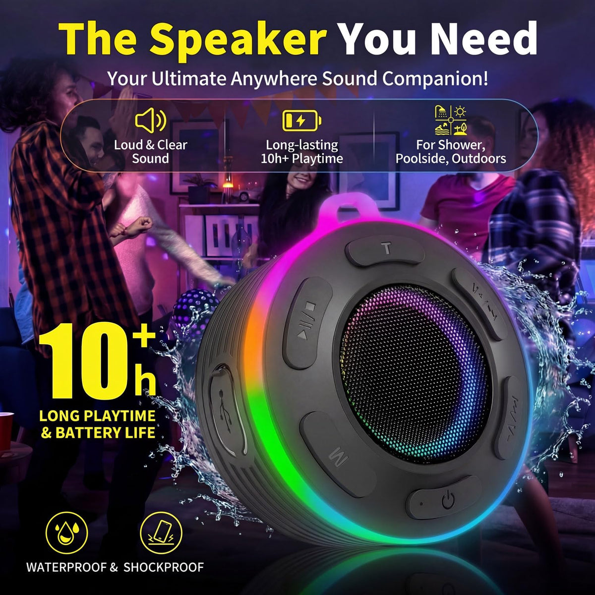 Portable Bluetooth Shower Speaker with Waterproof, Stereo, LED Light T44290
