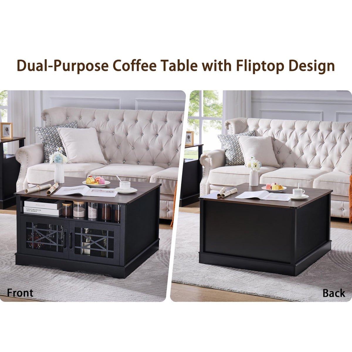 Black Coffee Table with Hidden Compartment Lift-up Top V3436