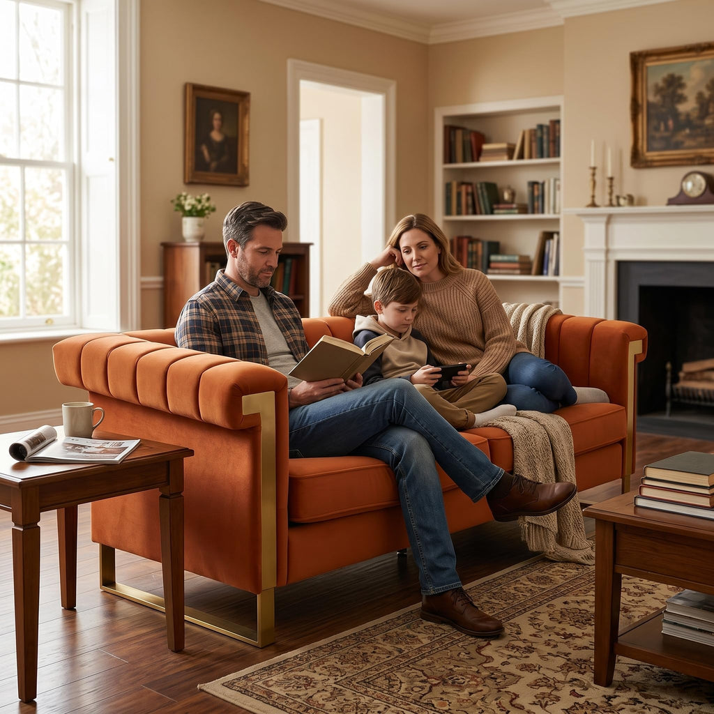 Orange Velvet Sofa with Gold Metal Legs T889866