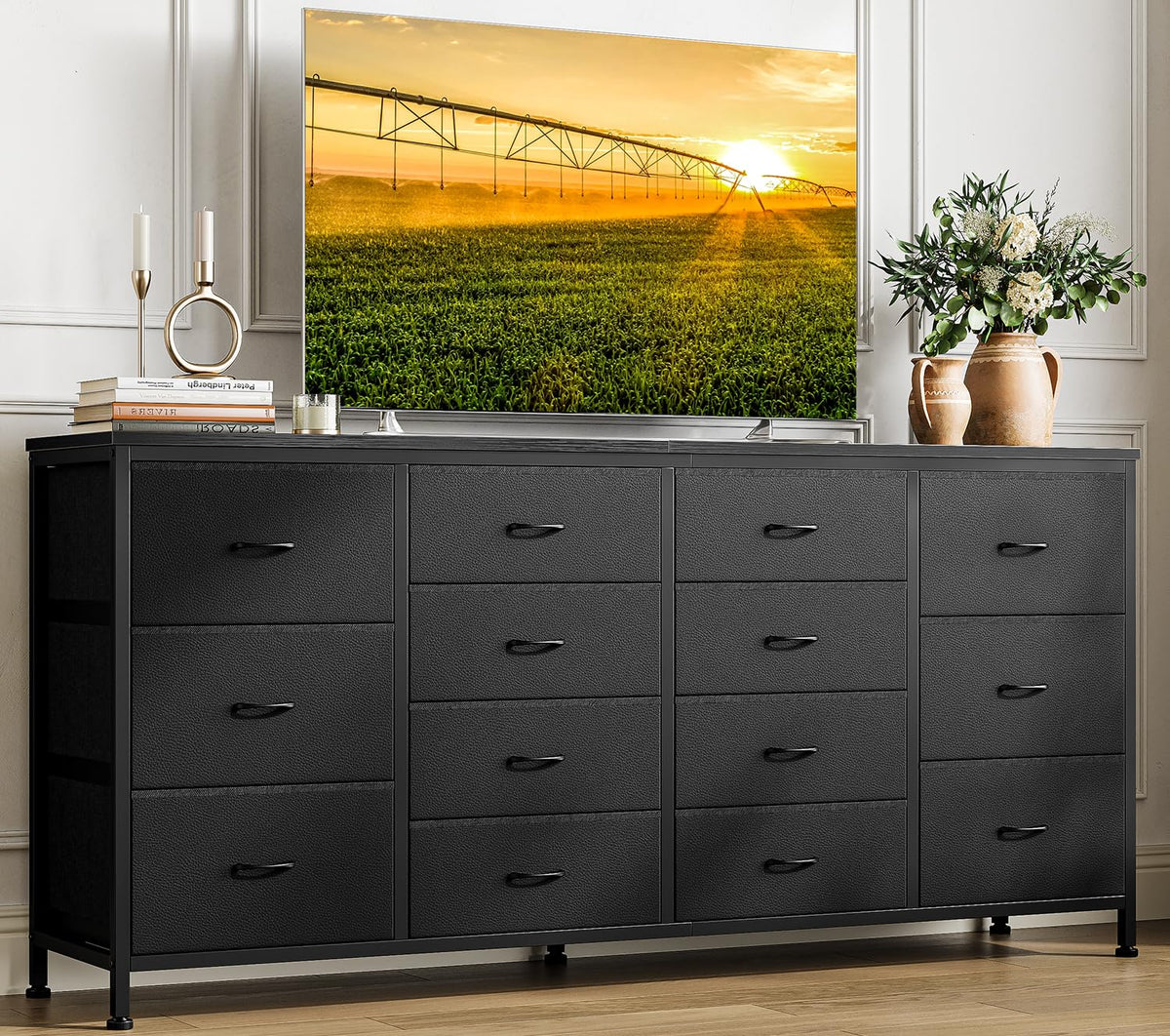 63 Inch TV Stand with 14 Fabric Drawers, Black F88273
