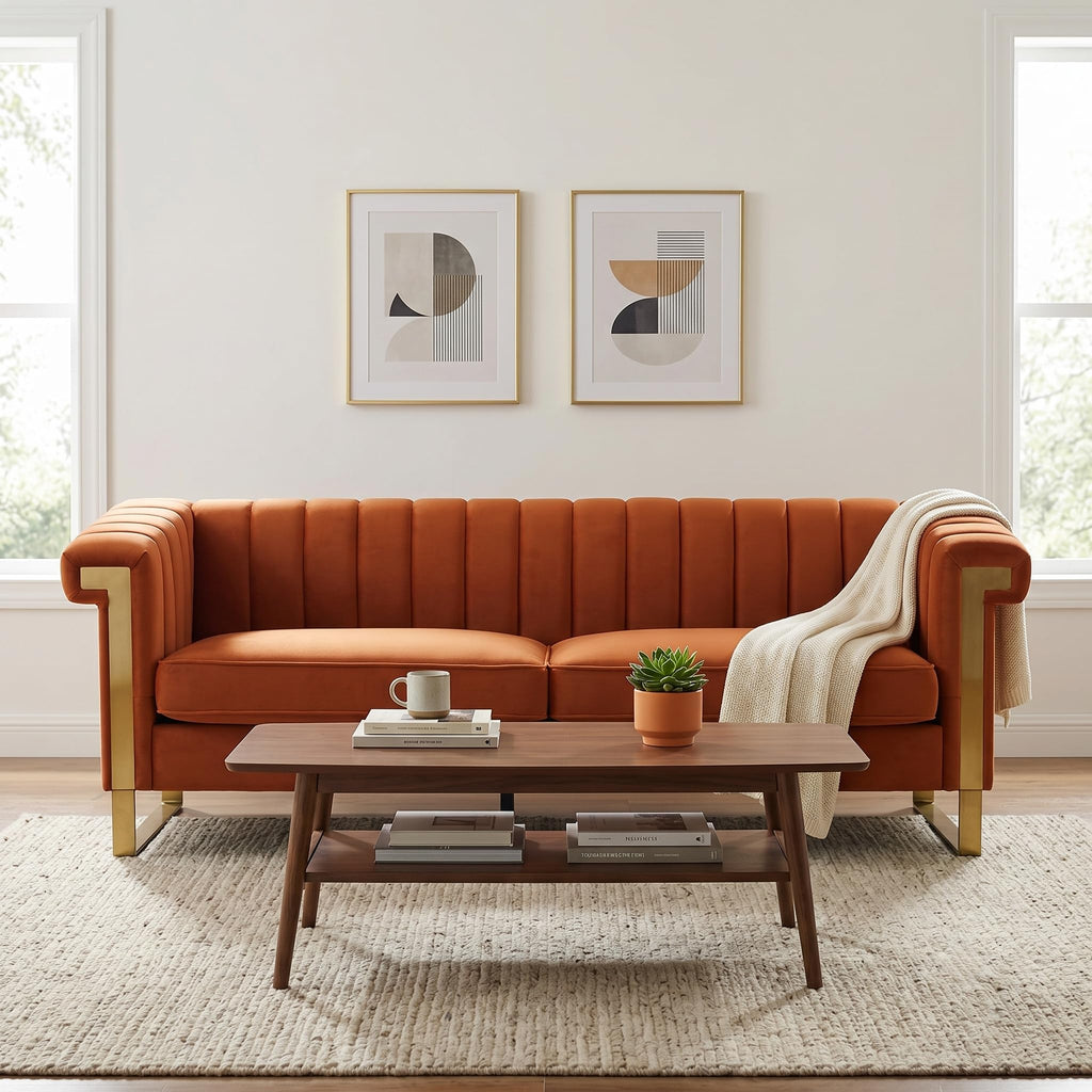 Orange Velvet Sofa with Gold Metal Legs T889866