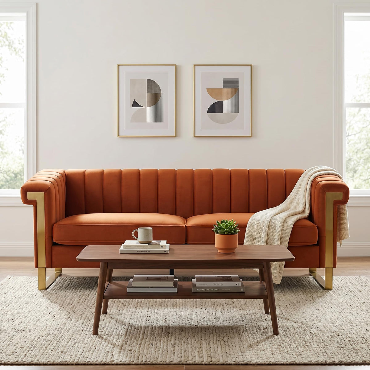Orange Velvet Sofa with Gold Metal Legs T889866