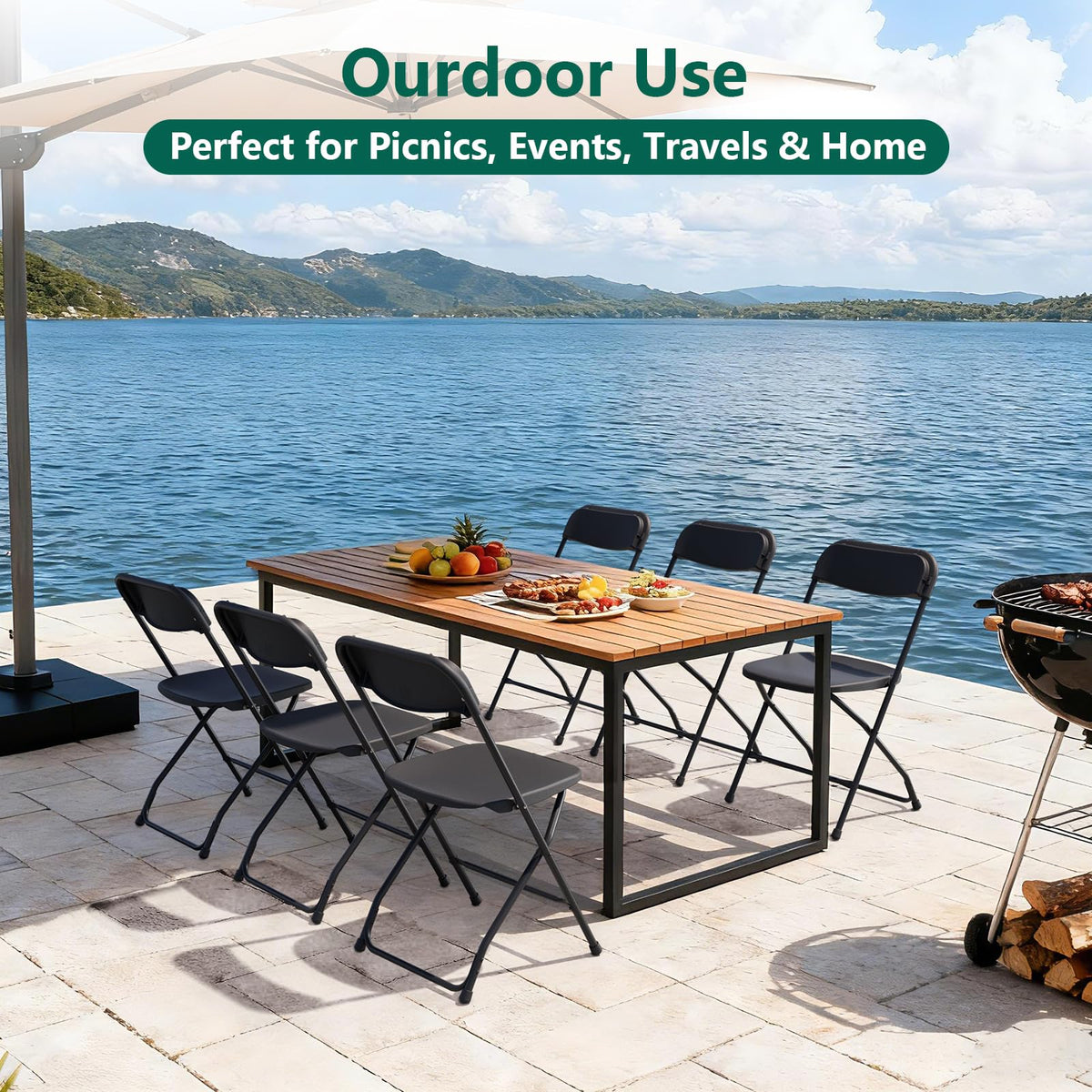 Black Plastic Folding Chairs, 10 Pack Steel Frame 350lbs Capacity O711858