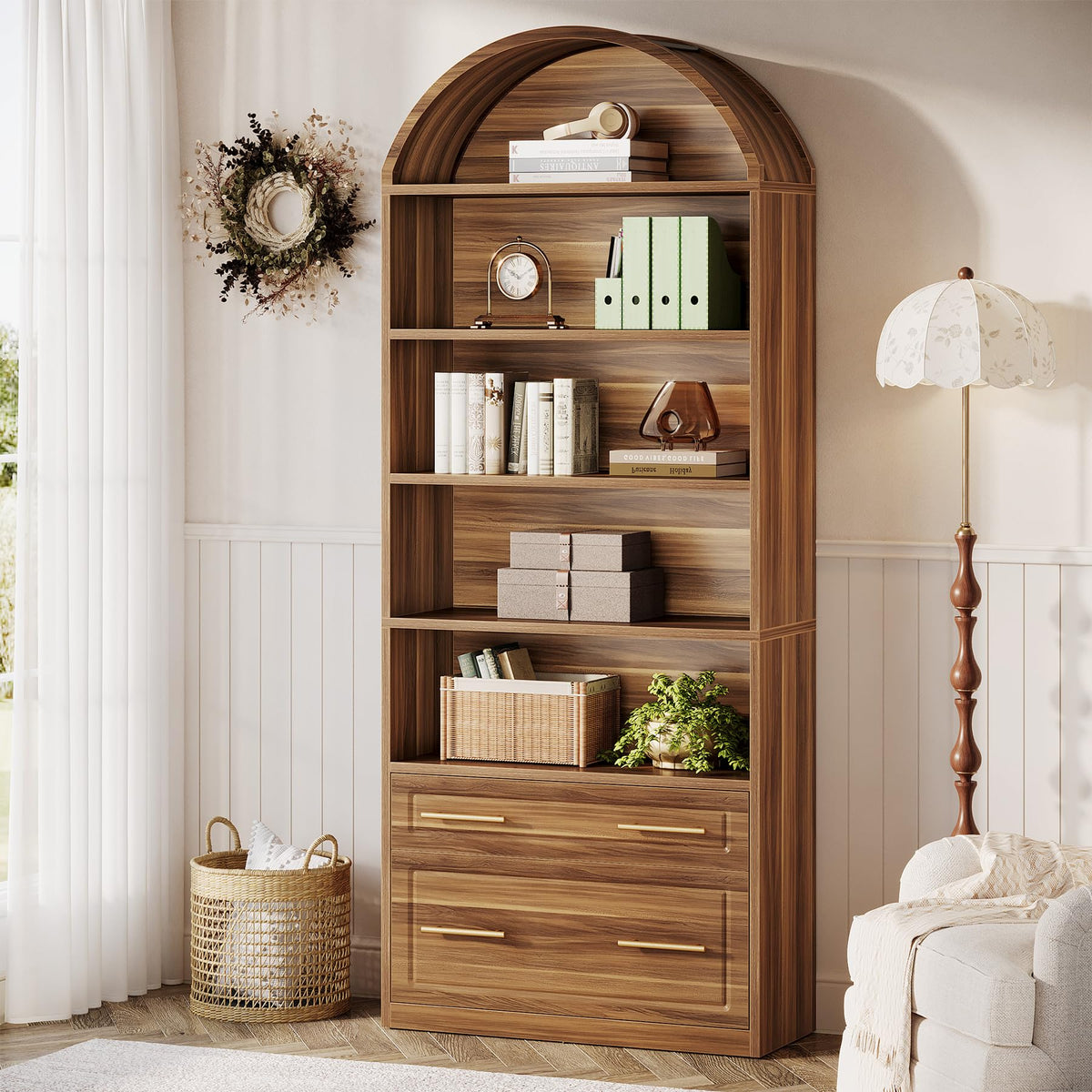76.8" Tall Arched Bookcase with File Cabinet Drawer, Walnut Brown O698