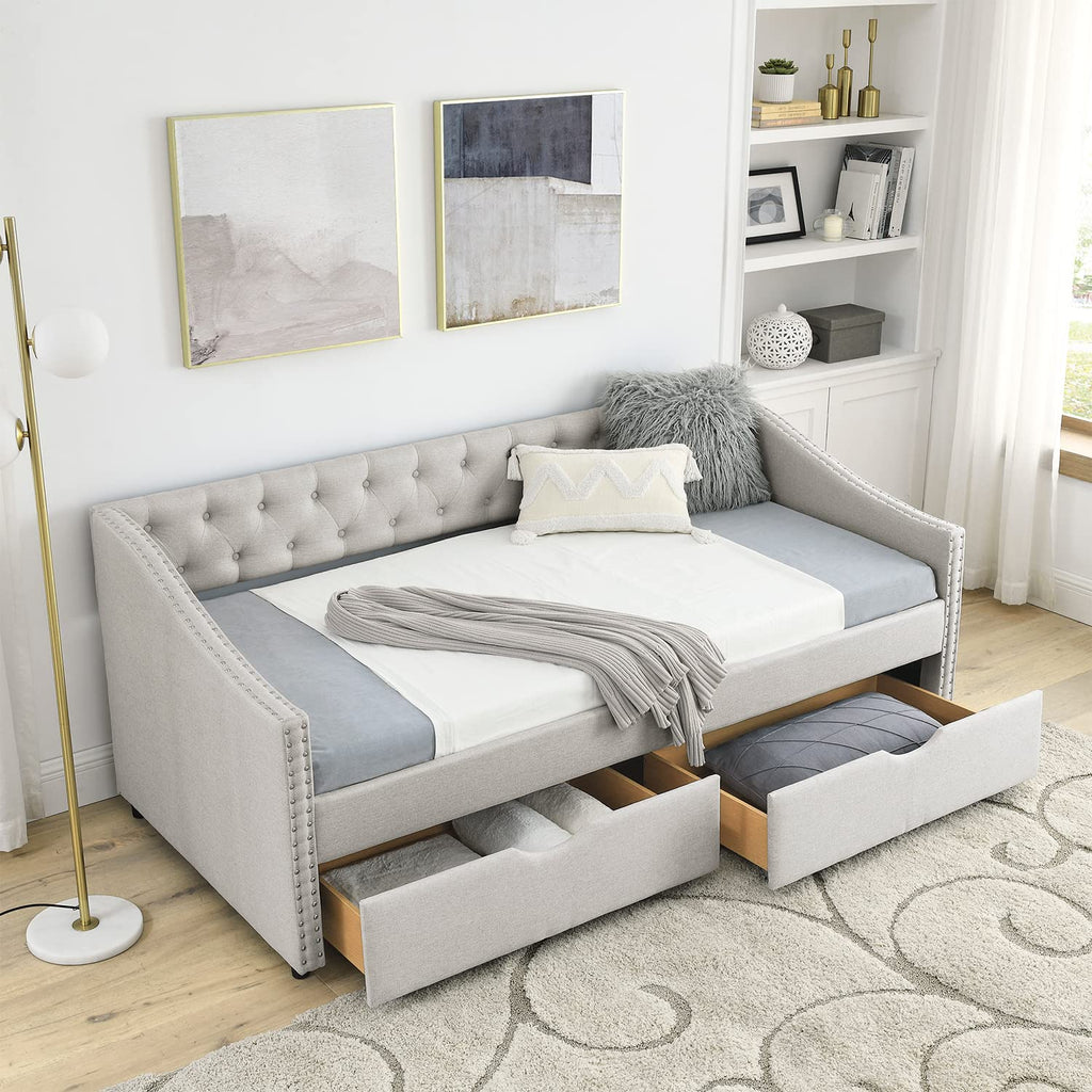 Beige Twin Size Upholstered Daybed with Drawers Y6072