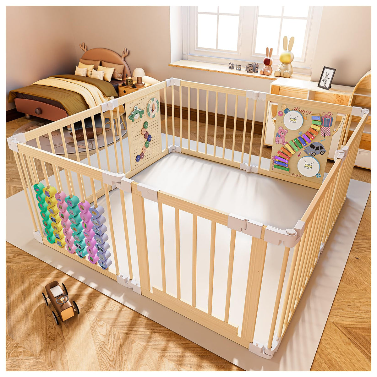 Foldable Wood Baby Playpen with Built-in Toys 57"x57" N19744