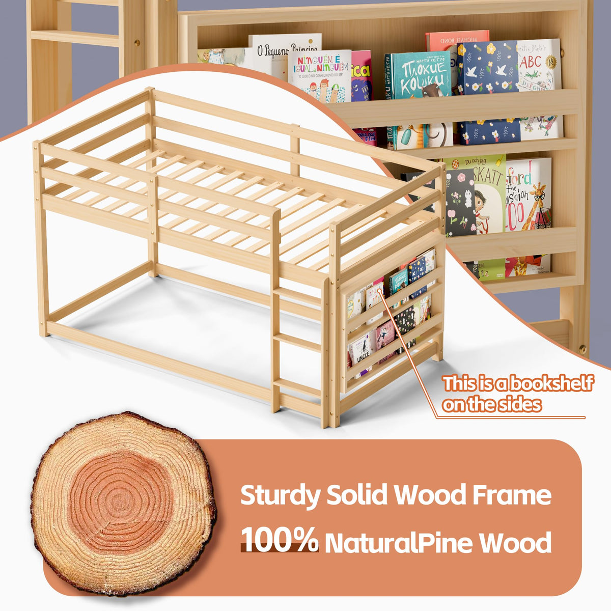 Twin Over Twin Wooden Bunk Bed with Ladder and Guardrails C14974