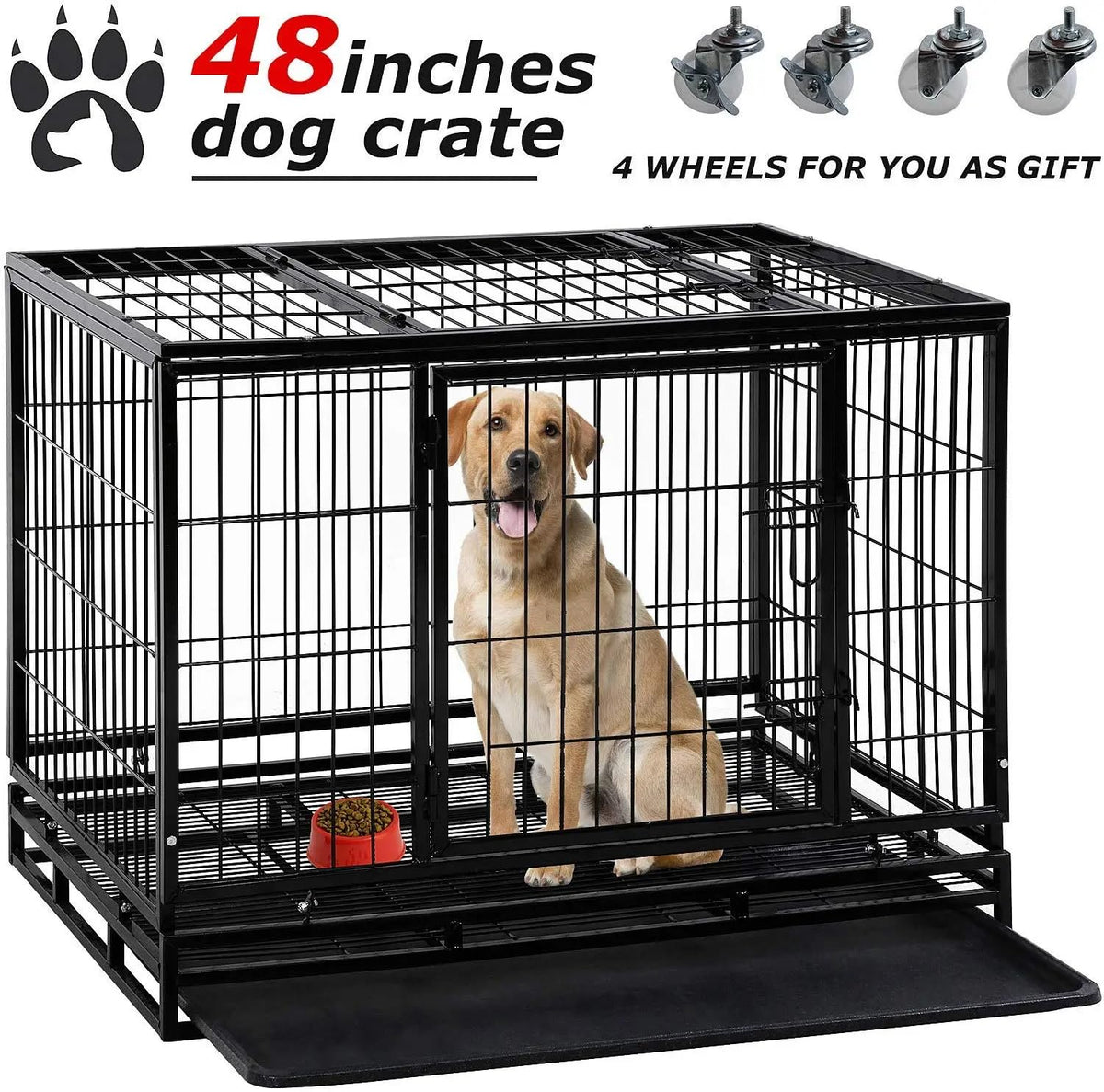 Extra Large Double-Door Heavy Duty Metal Dog Crate (Black, 48 inch) U6067