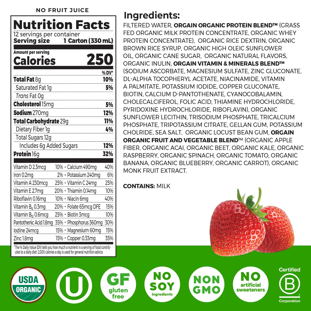 Organic Grass Fed Protein Shake, Strawberry, 11oz, 12pk I760445