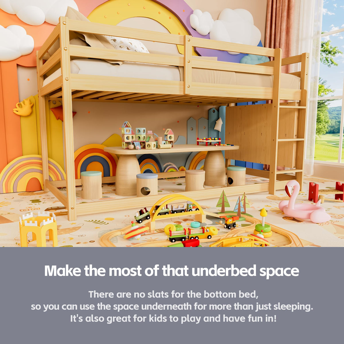 Twin Over Twin Wooden Bunk Bed with Ladder and Guardrails C14974