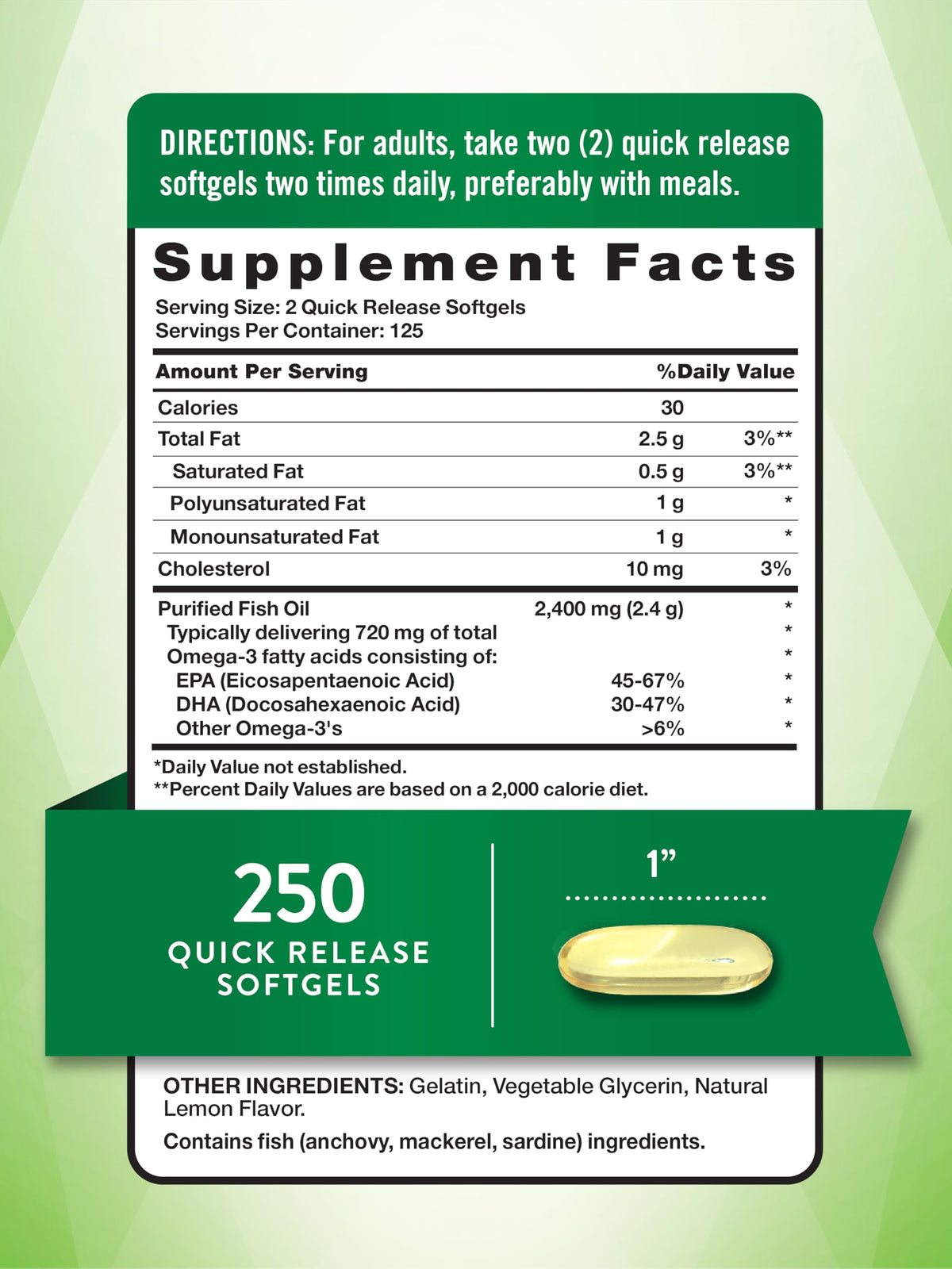 Fish Oil 2400mg 250 Softgels Omega 3 P737