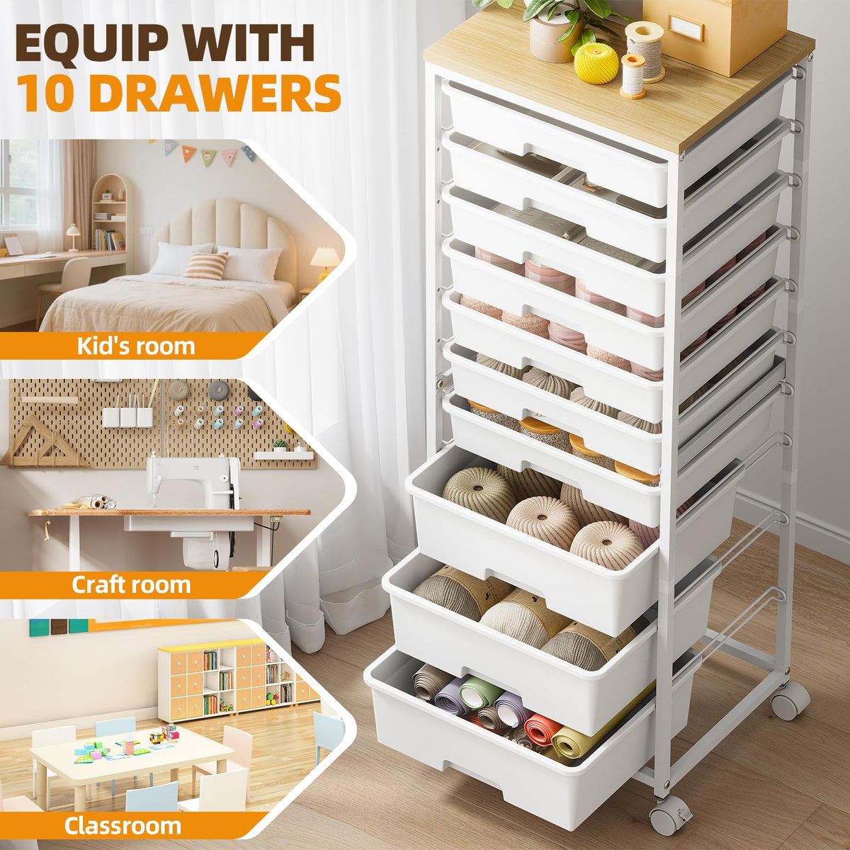 Rolling Storage Cart with 10 Drawers, White S523