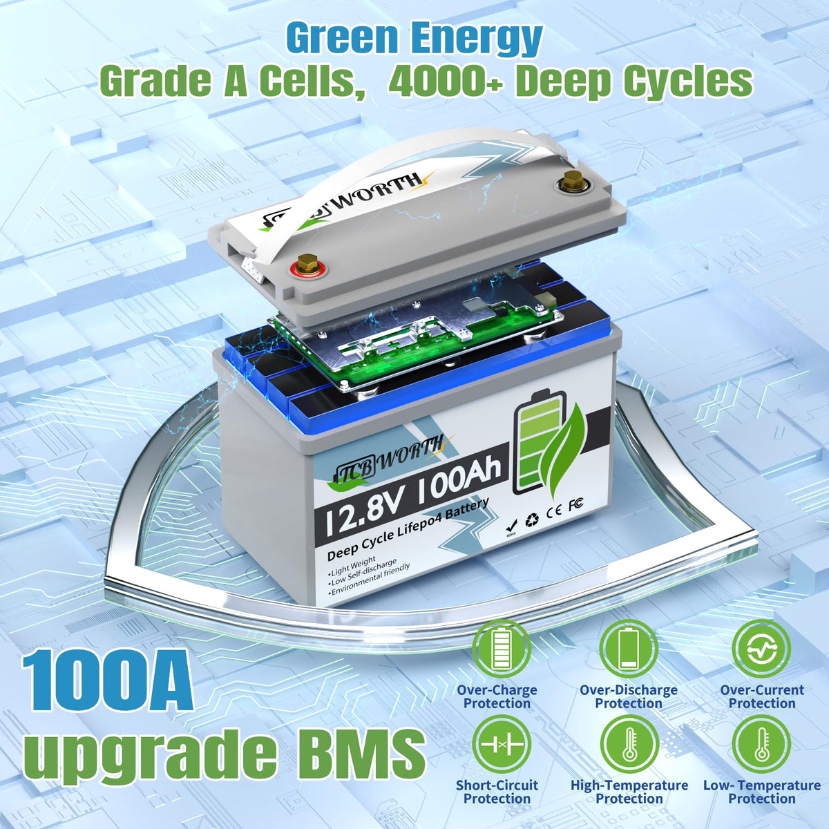 12V 100Ah LiFePO4 Deep Cycle Lithium Battery with 100A BMS R78444