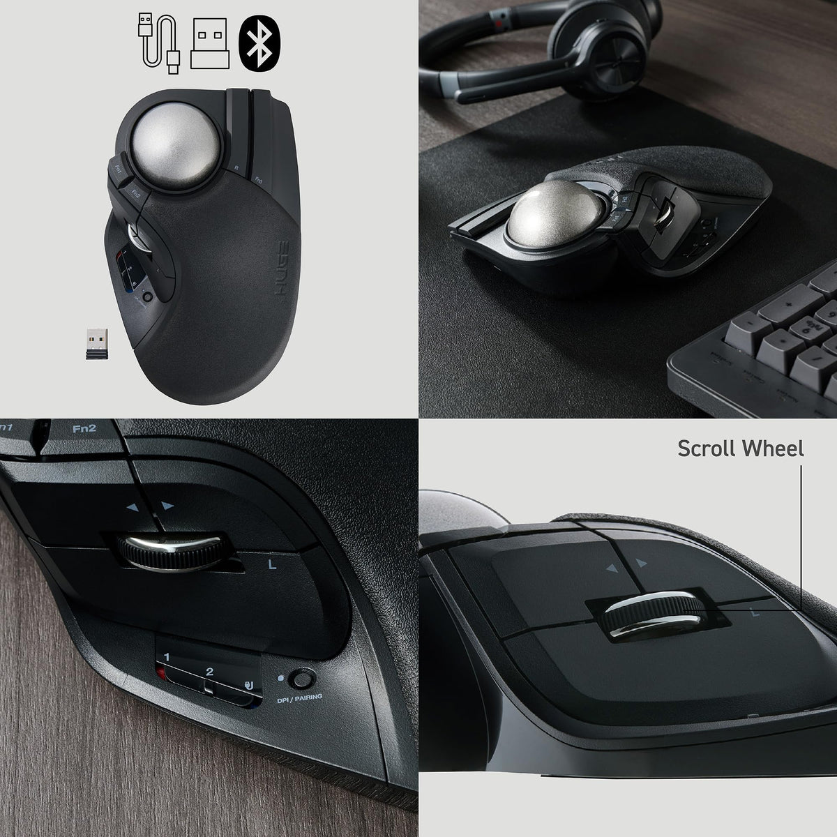 Wireless Trackball Mouse, Ergonomic 52mm Large Ball, Multi-Connection Bluetooth, 2.4GHz Wireless, Wired, 10 Programmable Buttons, Rechargeable, Silent Clicks U244
