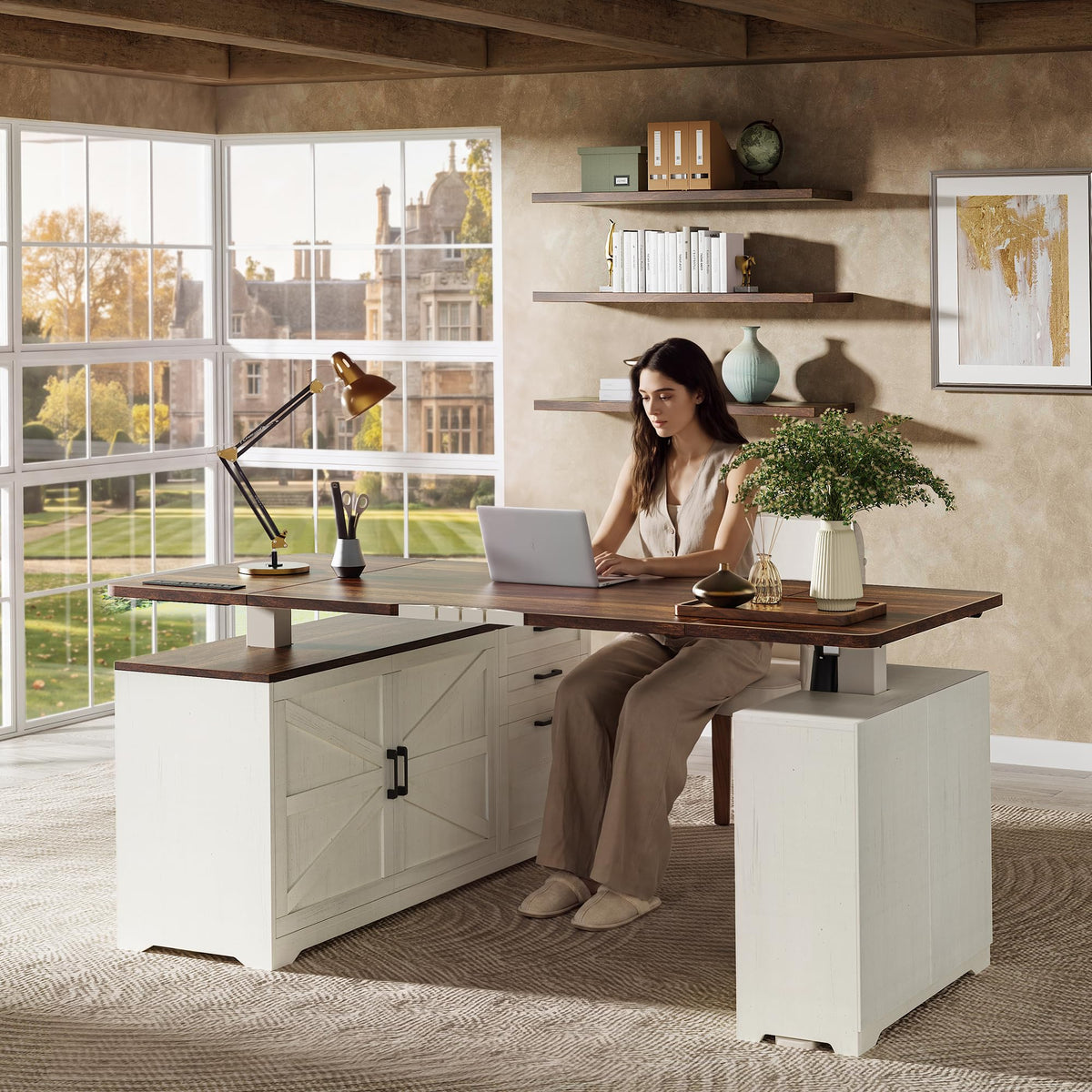 55'' L Shaped Standing Desk with Outlets and Drawers Y136110