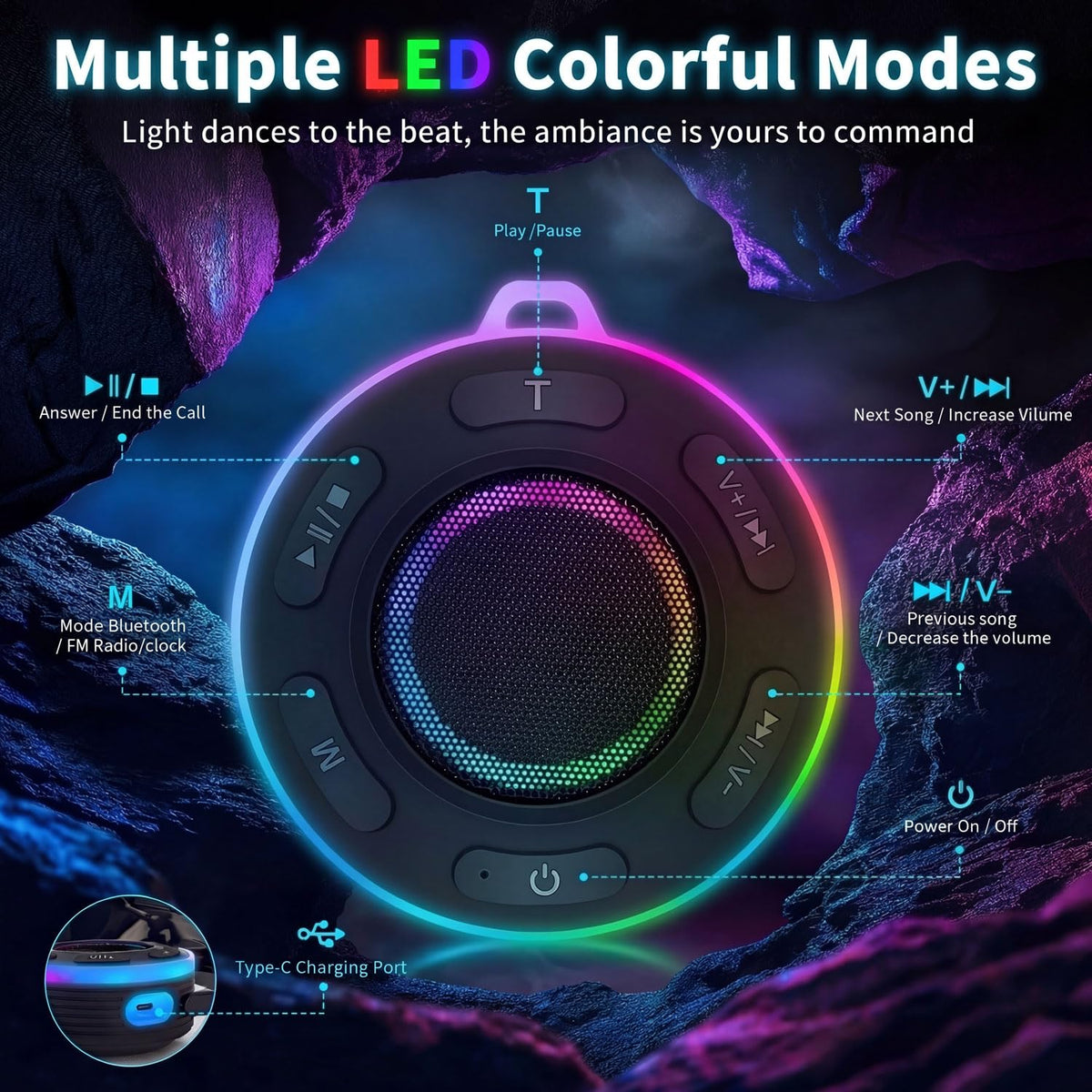 Portable Bluetooth Shower Speaker with Waterproof, Stereo, LED Light T44290
