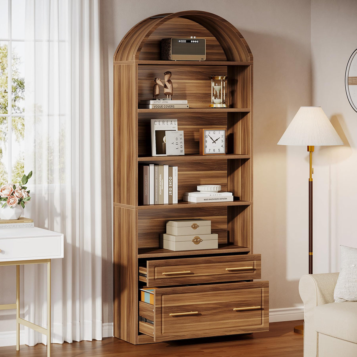 76.8" Tall Arched Bookcase with File Cabinet Drawer, Walnut Brown O698