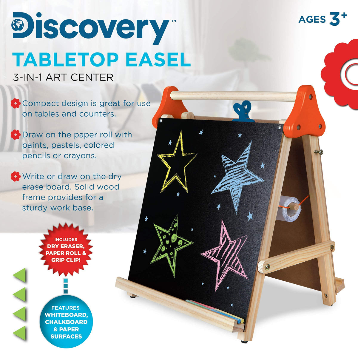 3-in-1 Tabletop Dry Erase Chalkboard Art Easel with Paper Roll G56191
