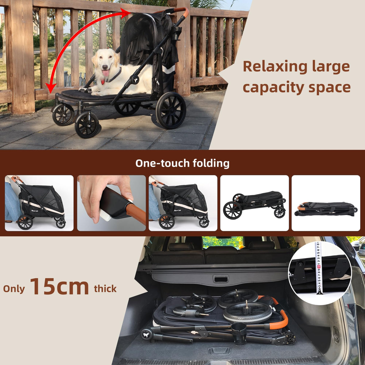 Black Large 4 Wheel Dog Stroller with Storage Pocket I453