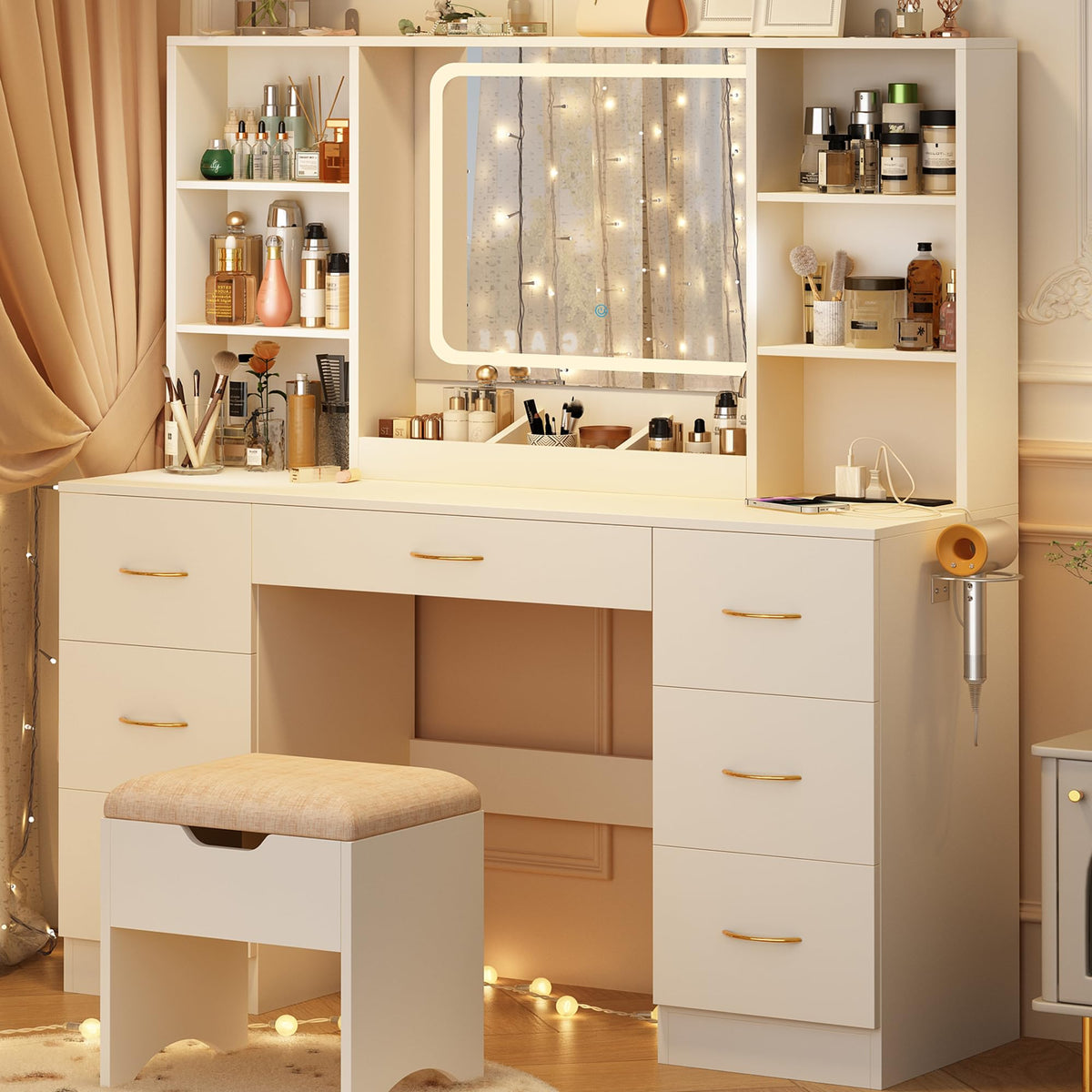 47" White Vanity Desk with Mirror and Lights T6452