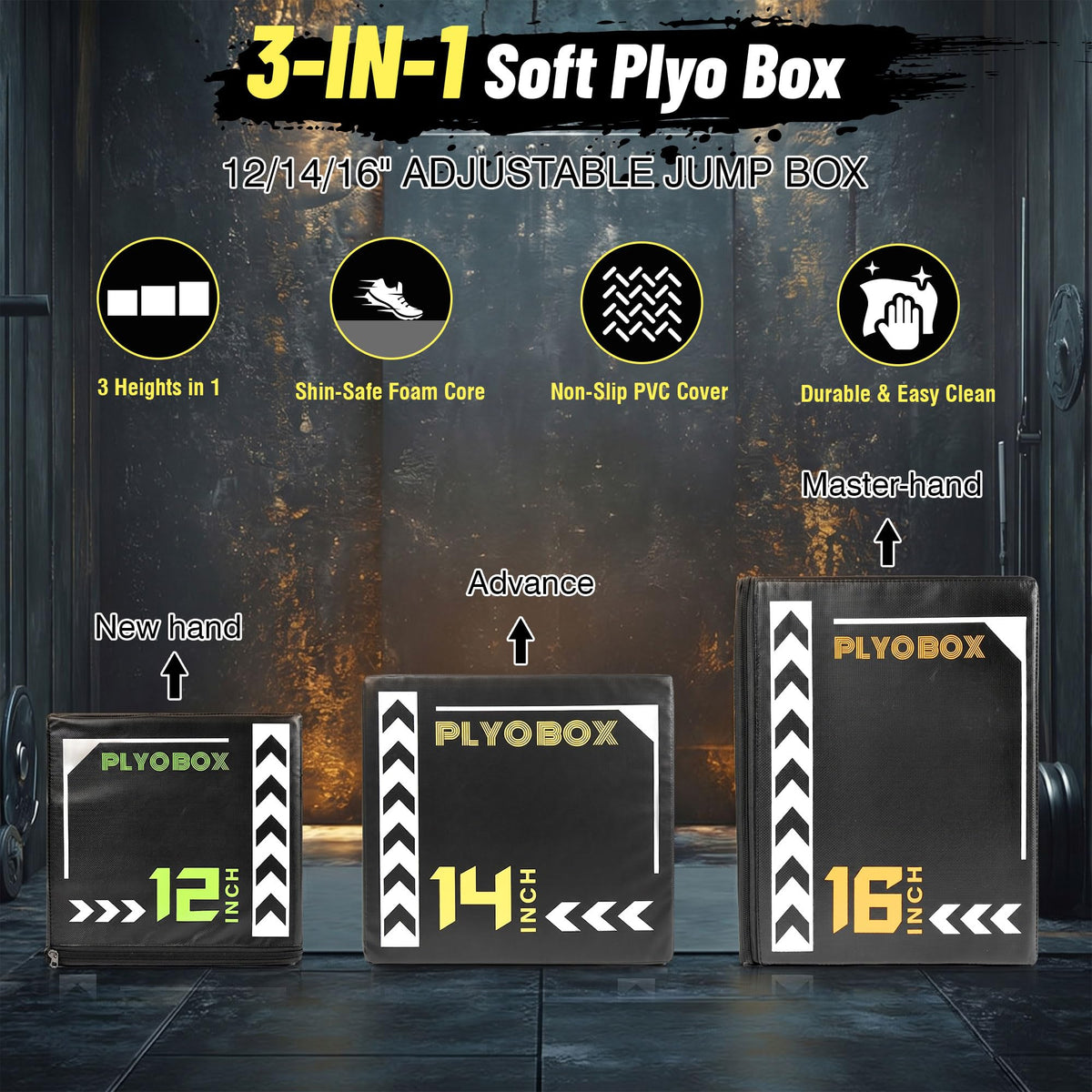 3 in 1 Foam Plyometric Jump Box, 12 14 16 Inch Soft Plyo Box D510614