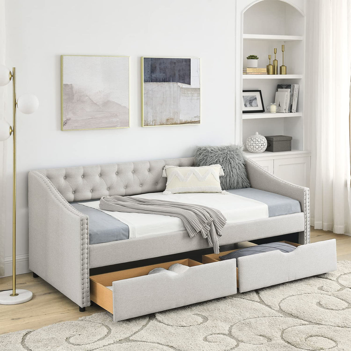 Beige Twin Size Upholstered Daybed with Drawers Y6072