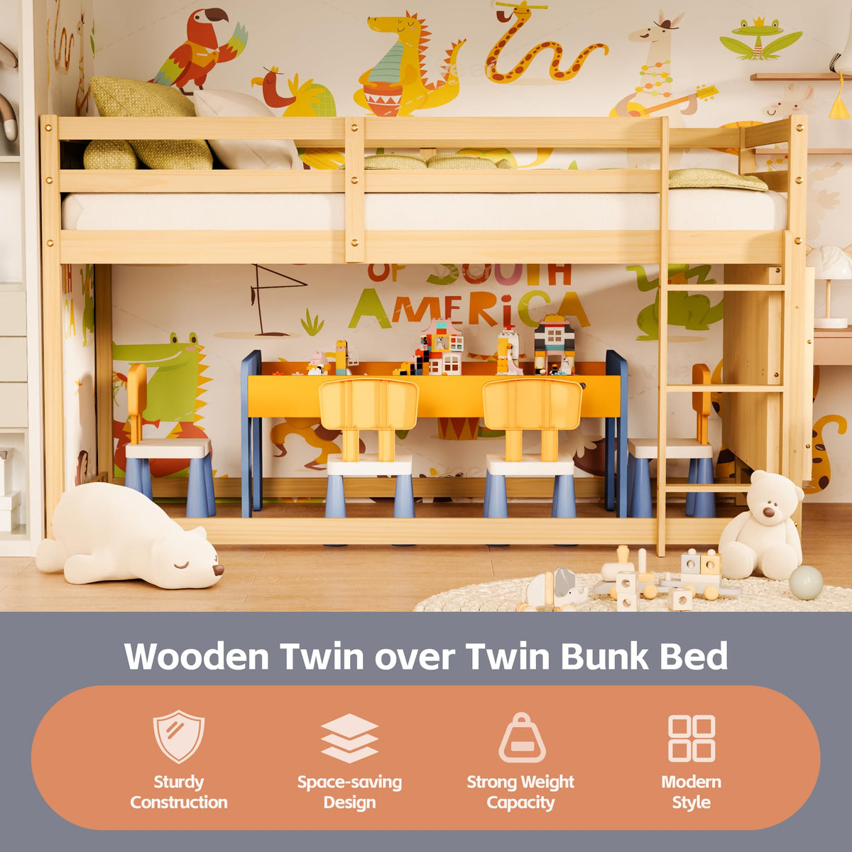 Twin Over Twin Wooden Bunk Bed with Ladder and Guardrails C14974