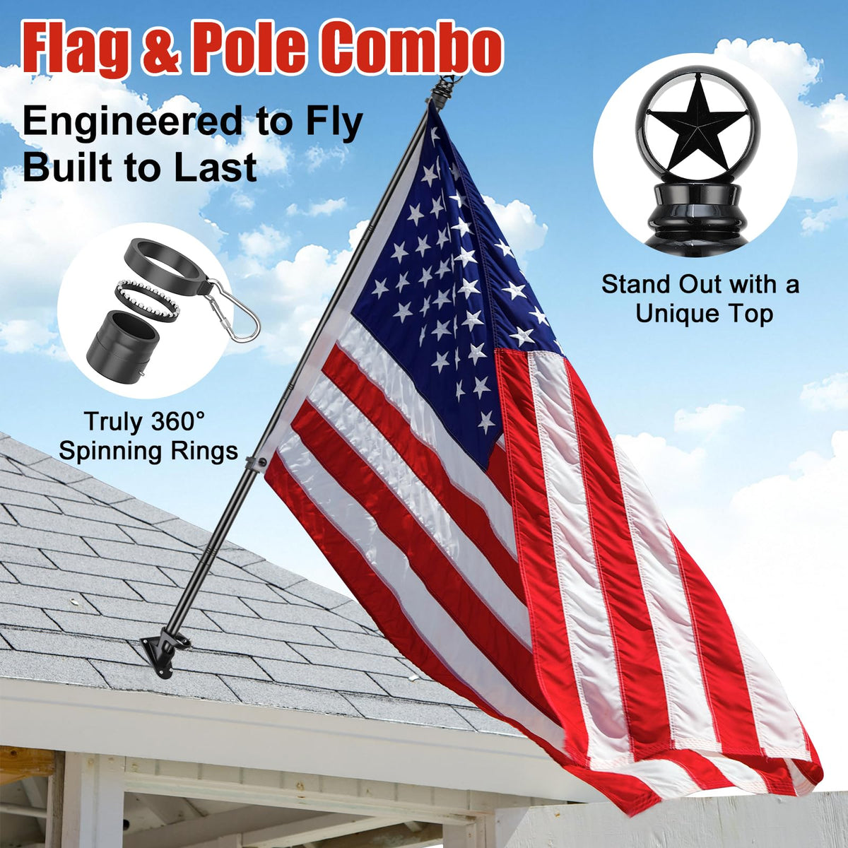 5ft Stainless Steel Flagpole with 3x5 Embroidered US Flag L29490