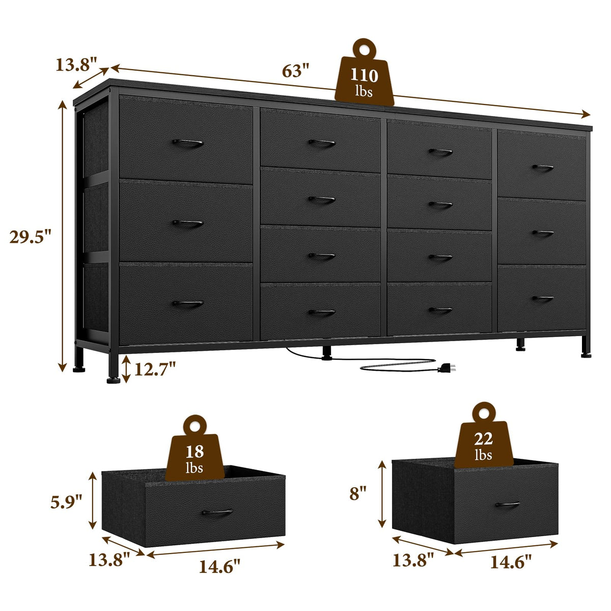 63 Inch TV Stand with 14 Fabric Drawers, Black F88273