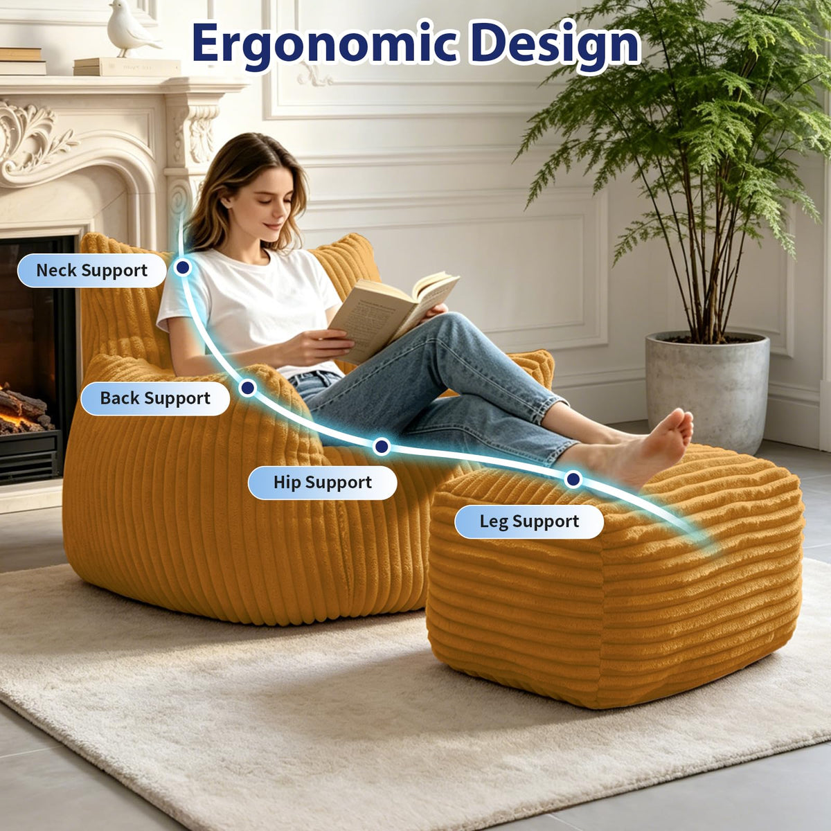 Large Yellow Bean Bag Chair with Footrest A249