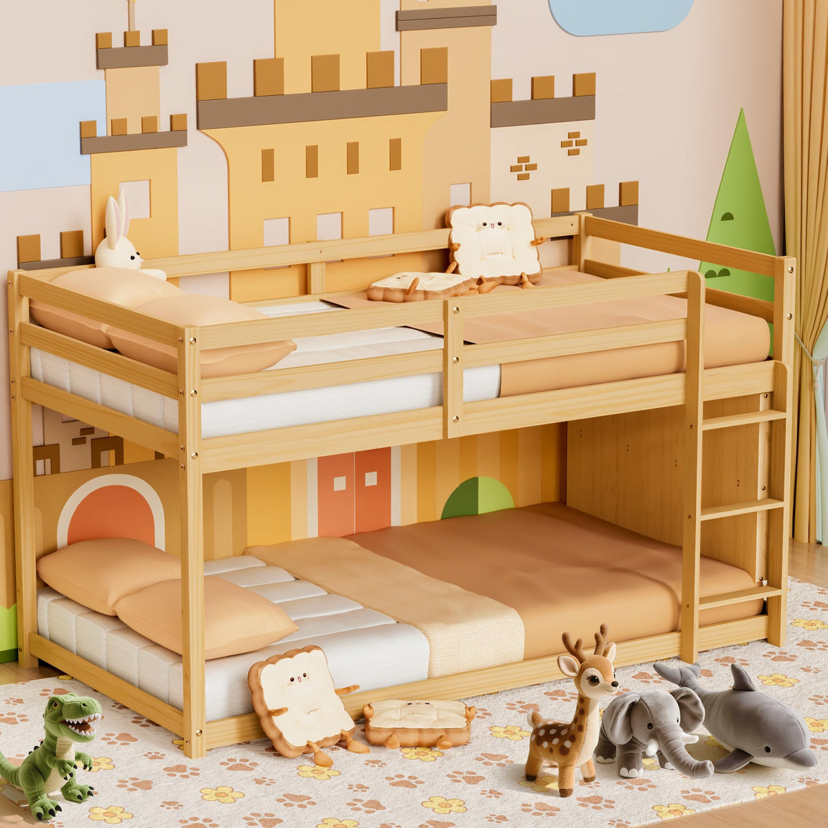 Twin Over Twin Wooden Bunk Bed with Ladder and Guardrails C14974