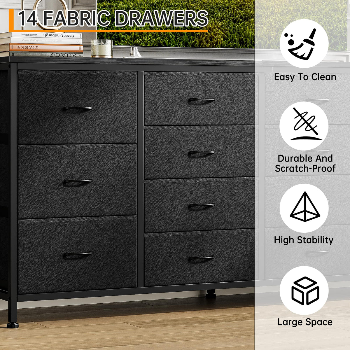 63 Inch TV Stand with 14 Fabric Drawers, Black F88273