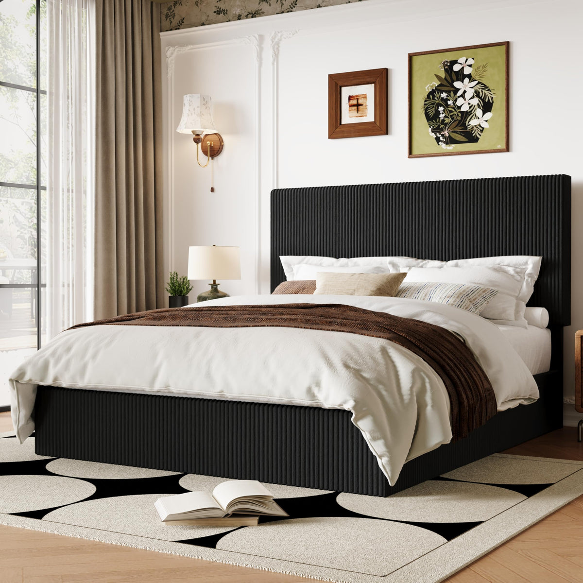 Queen Bed Frame with Adjustable Corduroy Headboard W176200