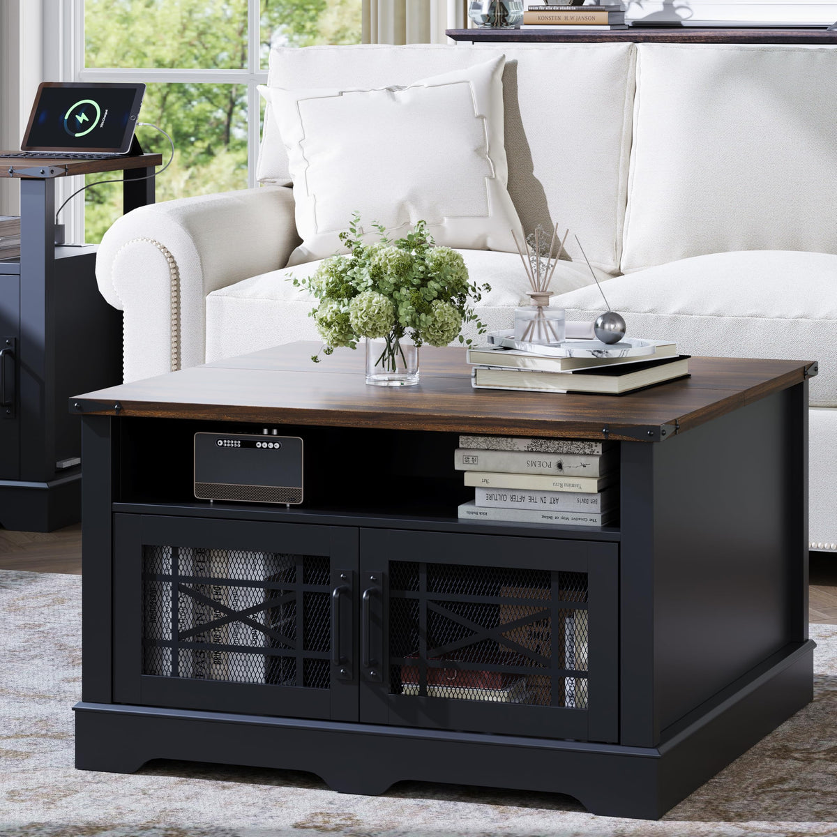 Black Coffee Table with Hidden Compartment Lift-up Top V3436