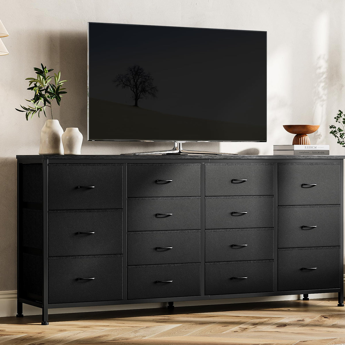 63 Inch TV Stand with 14 Fabric Drawers, Black F88273