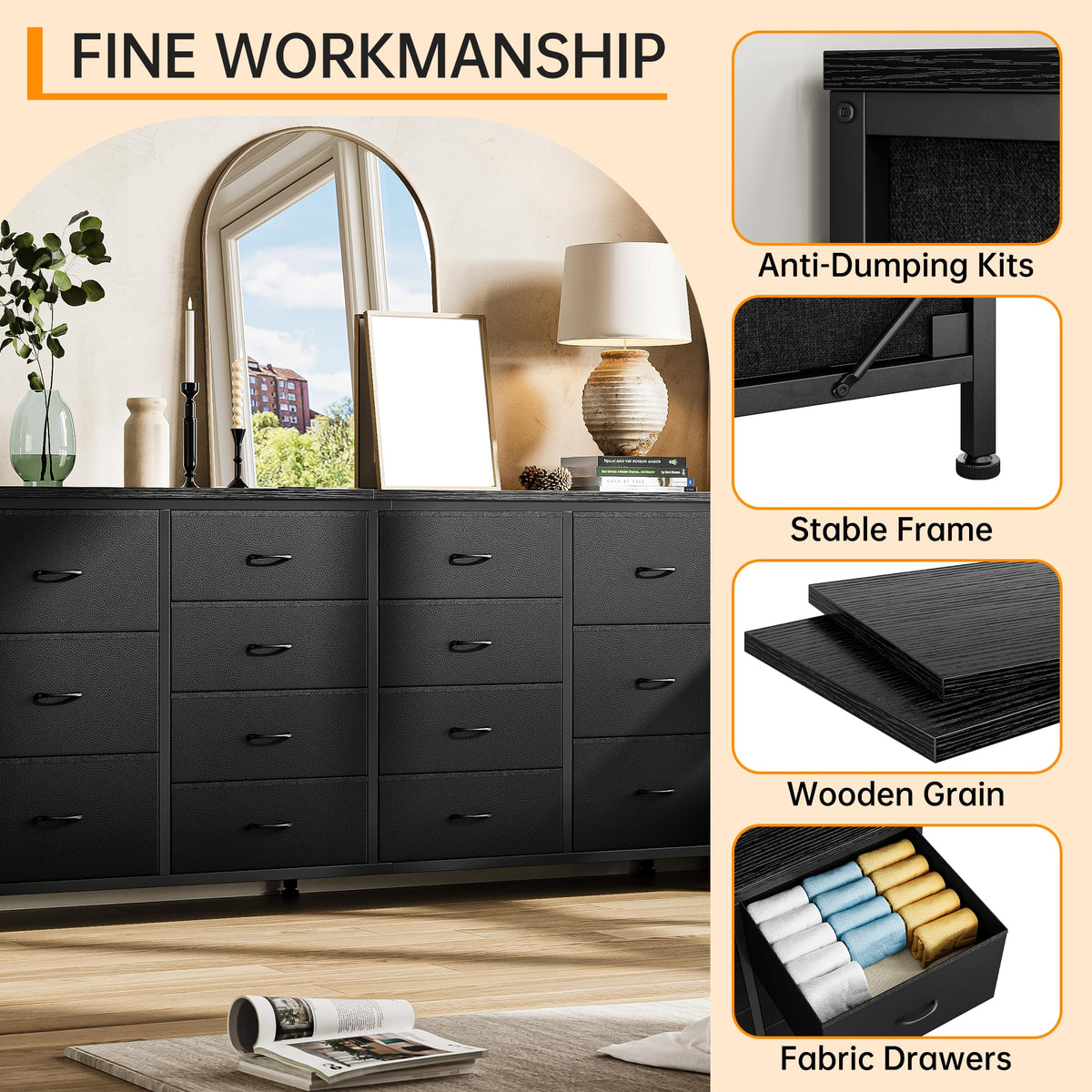 63 Inch TV Stand with 14 Fabric Drawers, Black F88273