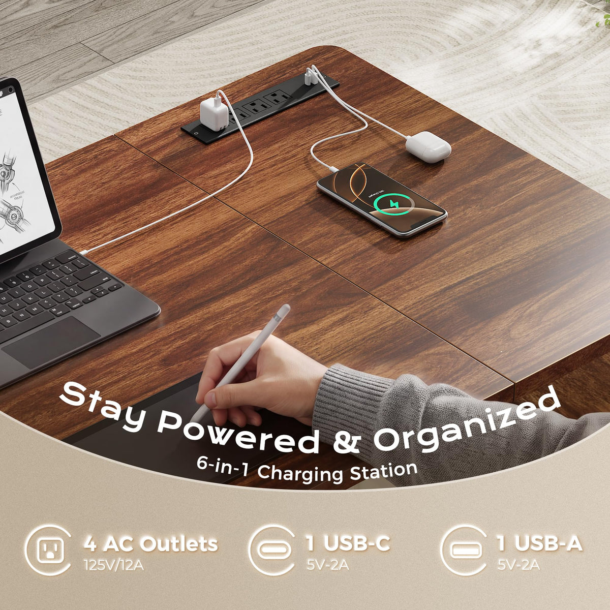55'' L Shaped Standing Desk with Outlets and Drawers Y136110