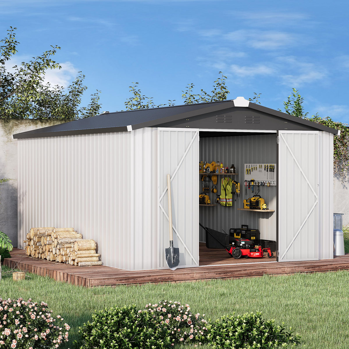 10' x 14' White Waterproof Metal Outdoor Storage Shed H1540